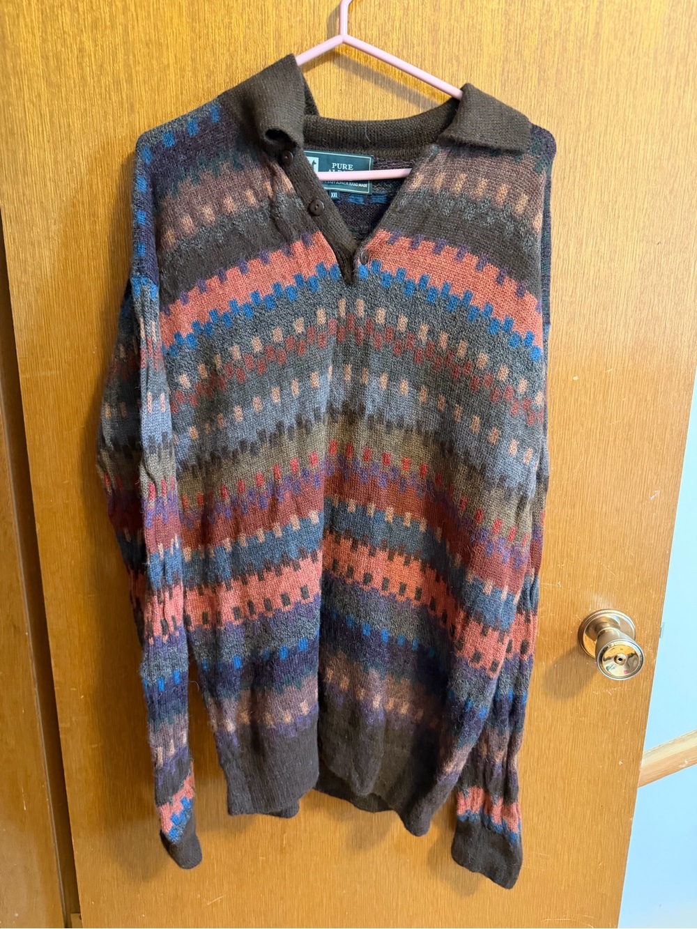 Pur Men's V-Neck Button Collar Sweater — Brown, Blue, Rust